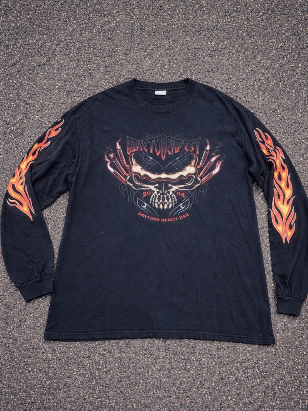 Vintage 2004 Biketoberfest Daytona Beach Flame Skull Long Sleeve Tee Y2K XL